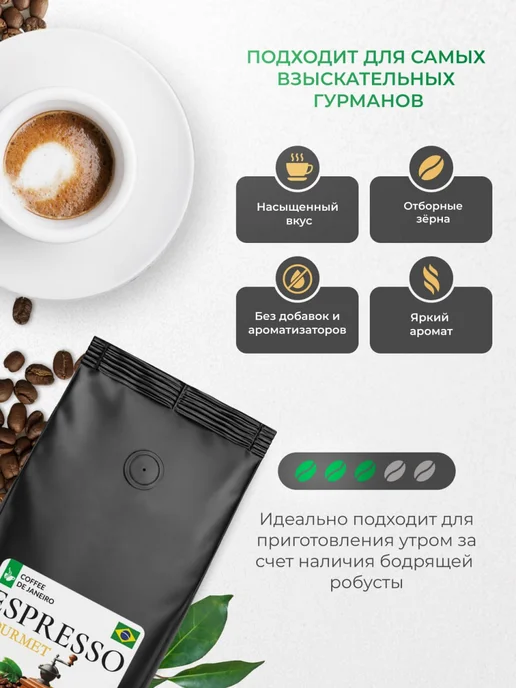 DE JANEIRO Кофе в зернах 1 кг арабика робуста Гурме, 1 кг, фото 5