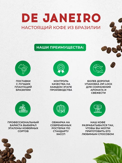 DE JANEIRO Кофе в зернах 1 кг арабика робуста Гурме, 1 кг, фото 8