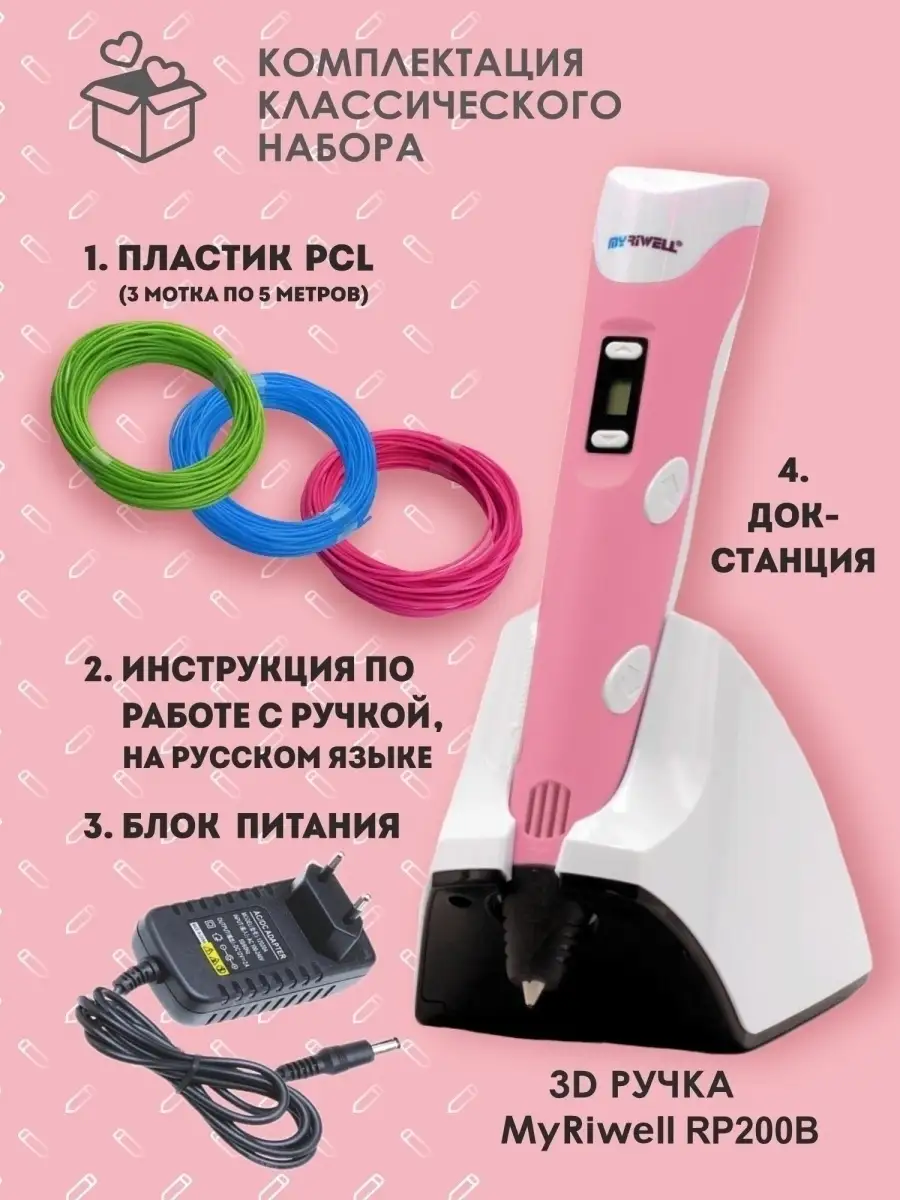 Ручка 3D RP200B, с пластиком PCL/PLA - 3 цветов MyRiwell 13384729 купить в  интернет-магазине Wildberries