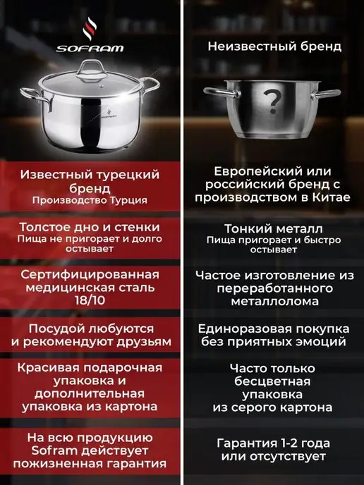 SOFRAM Кастрюля из нержавеющей стали с толстым дном 7, 7л, 7 л, фото 8