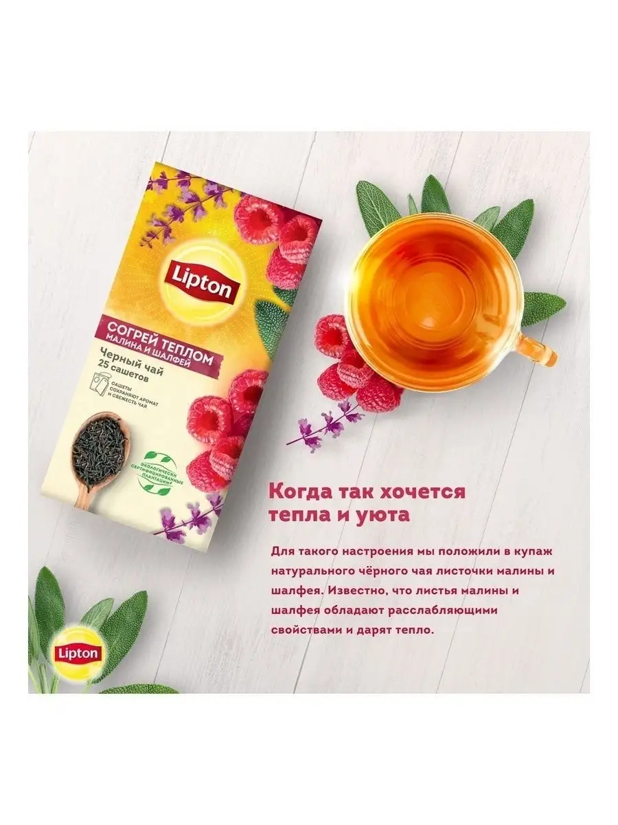 Согрей теплом Чай черный с малиной и шалфеем 25 пакетиков Lipton 13487159  купить в интернет-магазине Wildberries