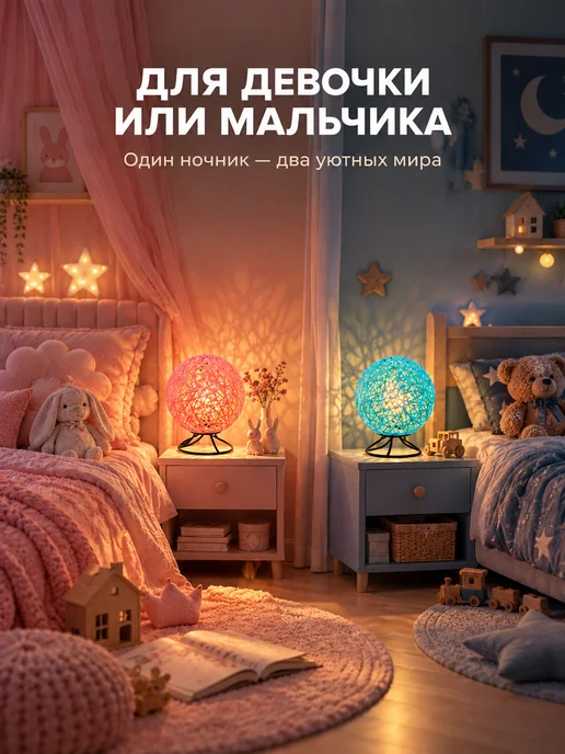 Apeyron Светильник ночник детский шар из ротанга для девочки, розовый, фото 3