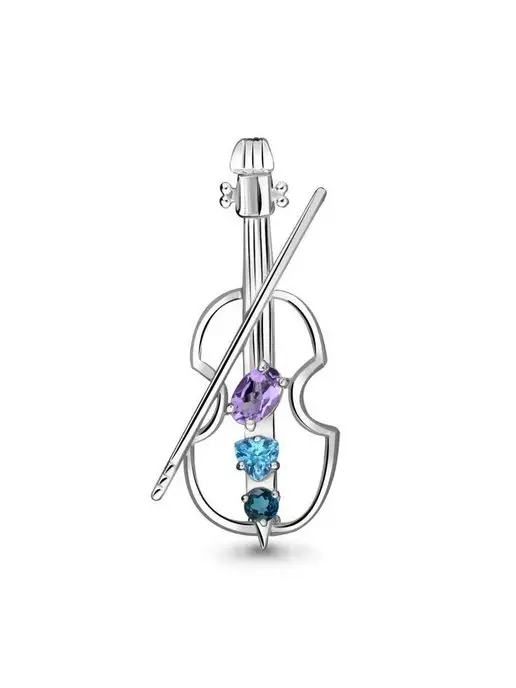 AQUAMARINE Брошь-скрипка из серебра 925 с натуральными камнями, серебристый