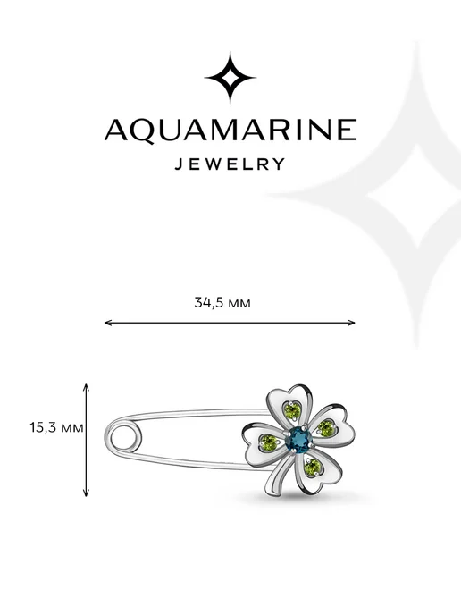 AQUAMARINE Булавка-клевер из серебра 925 с натуральным топазом, серебристый, фото 2