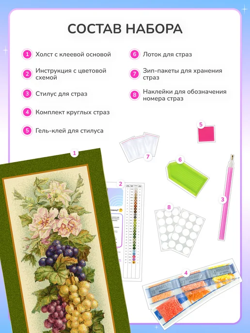 Алмазныи ряд Алмазная мозаика без подрамника 35х90 см Виноград, 35x90 см, фото 3