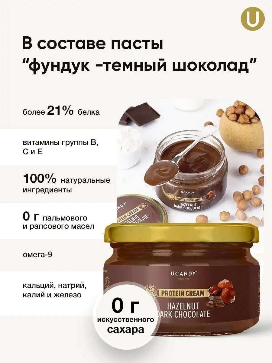 Паста протеиновая, фундук-темный шоколад, без сахара 200г UCANDY 13674478  купить за 396 ₽ в интернет-магазине Wildberries