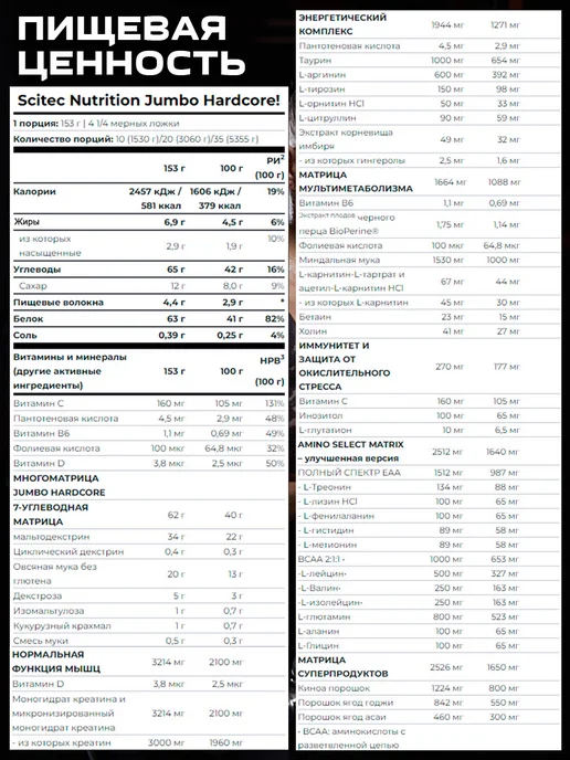 Scitec Nutrition Гейнер для набора массы высокобелковый JUMBO Hardcore, в упаковке 3,2 кг, фото 6