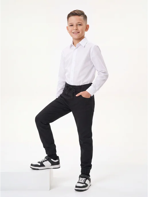 Yuke jeans Брюки джоггеры школьные на резинке, черный, фото 5