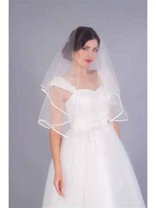 Romantic Wedding Фата невесты короткая без гребня простая с атласной лентой, белый, фото 2
