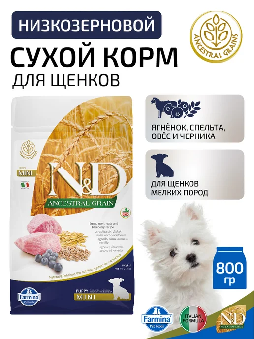 Сухой корм Farmina Черникой для собак, мелкие, щенки, ягненок, 0,8 кг
