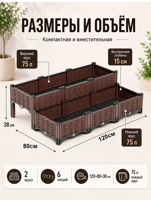SABURG Грядка кашпо модульная для балкона и дачи разборная 150 л, 150 л, фото 2
