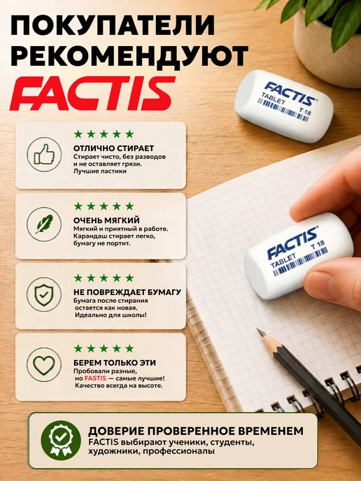 FACTIS Ластик школьный набор 8шт Испания, 4 шт, белый, фото 4