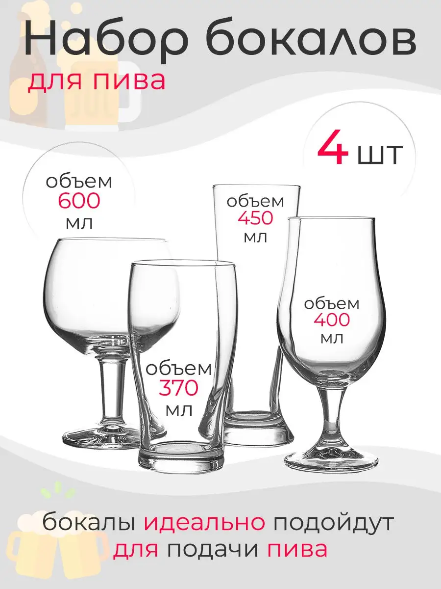 Набор бокалов для пива, 4 штуки, объемы: 370, 400, 450, 600 мл KILUX  13863060 купить в интернет-магазине Wildberries