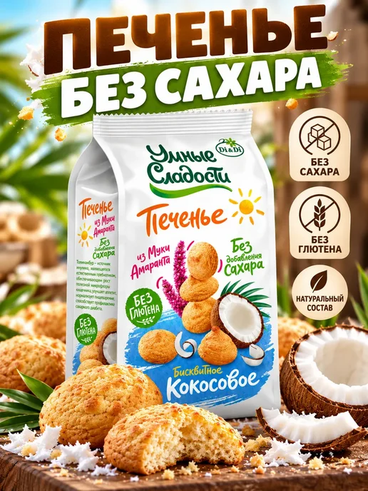 Умные Сладости Печенье без сахара и глютена бисквитное кокосовое, 200г, 200 г