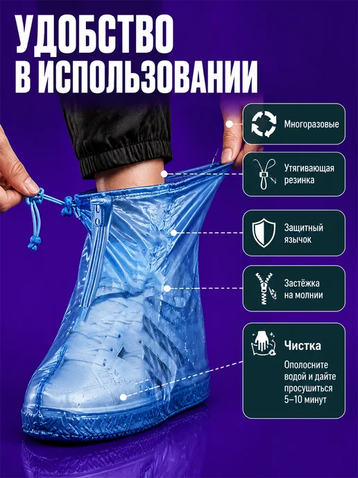 Дождевики для обуви многоразовые от дождя синие, синий, фото 4