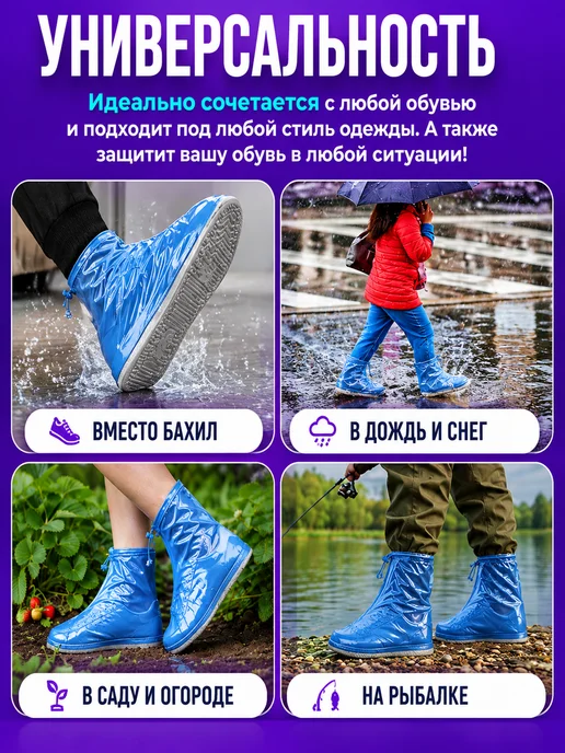 Дождевики для обуви многоразовые от дождя синие, синий, фото 5