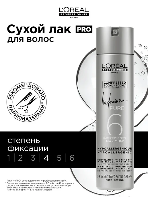 L'Oreal Professionnel Сухой лак Infinium Pure Strong для волос сильной фиксации, 300 мл