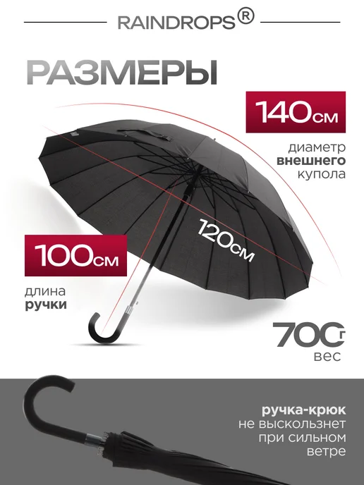 raindrops Зонт прозрачный трость полуавтомат, черный, фото 7