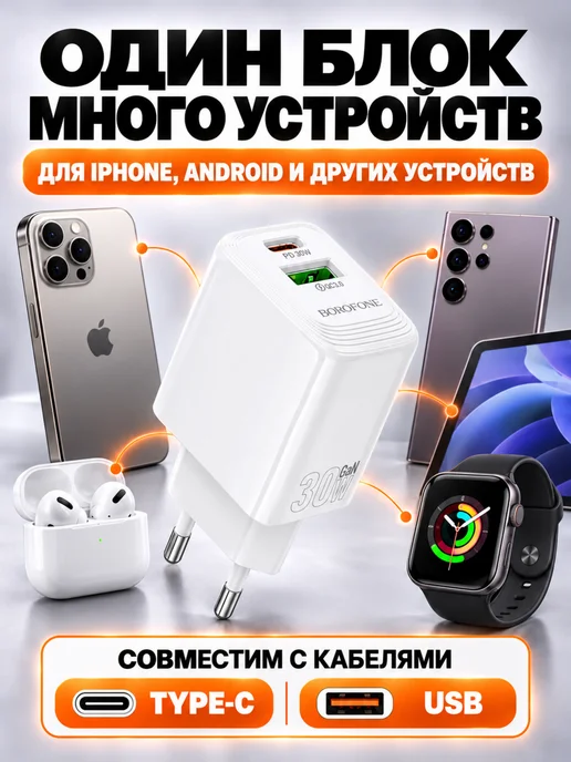 Borofone Зарядное устройство для телефона. Блок 30W+18W GaN, 30 Вт, 18 Вт, фото 3