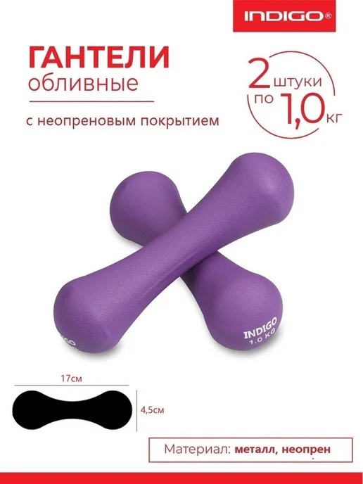 INDIGO Sport Гантели обливные с неопреновым покрытием 1кг*2шт, 1 кг, 2 шт