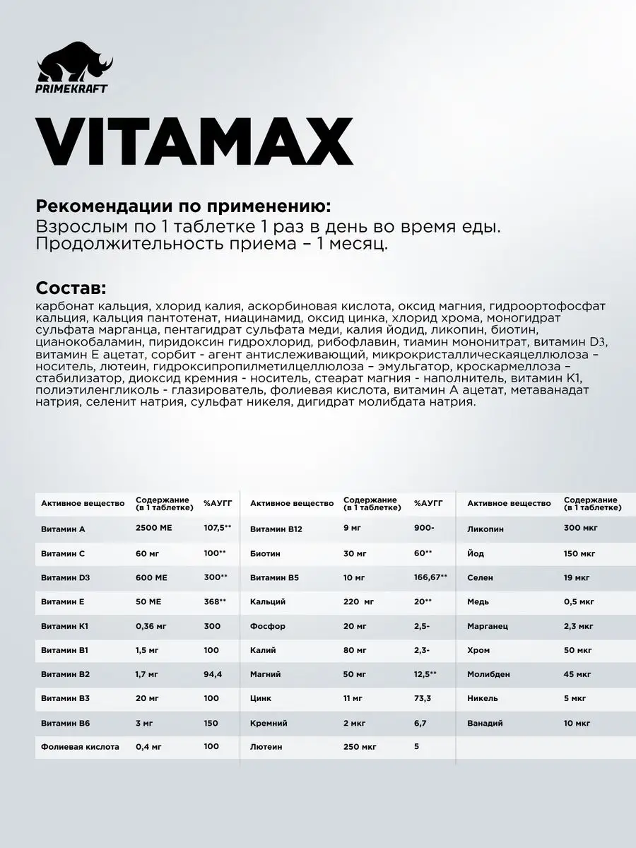 Витаминный комплекс Vitamax (Витамакс), 90 табл. Prime Kraft 14050206  купить в интернет-магазине Wildberries