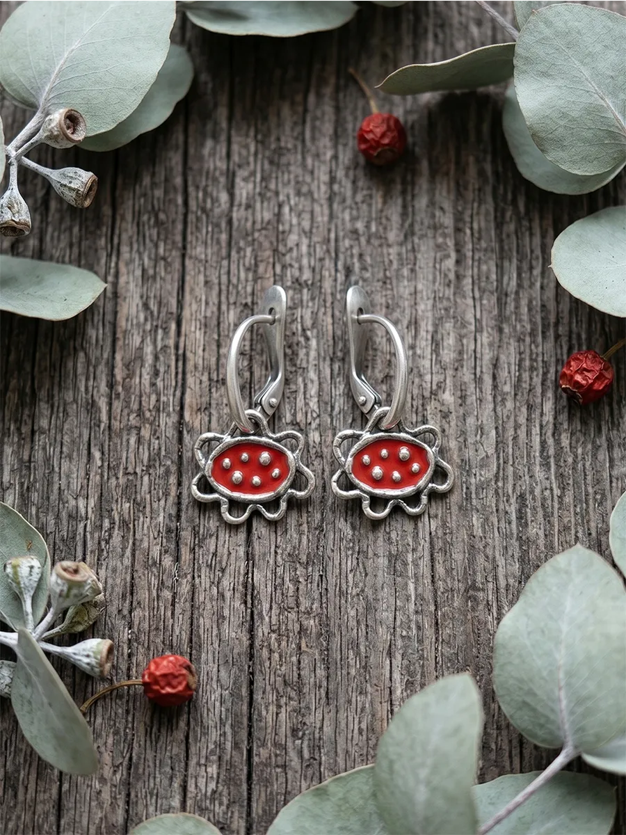 Серьги серебро 925 цветы красные