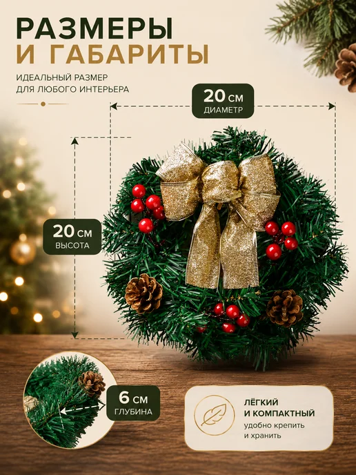Венок новогодний на дверь хвойный, зеленый, фото 2