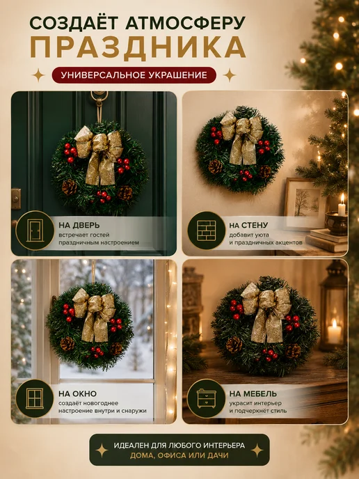 Венок новогодний на дверь хвойный, зеленый, фото 4