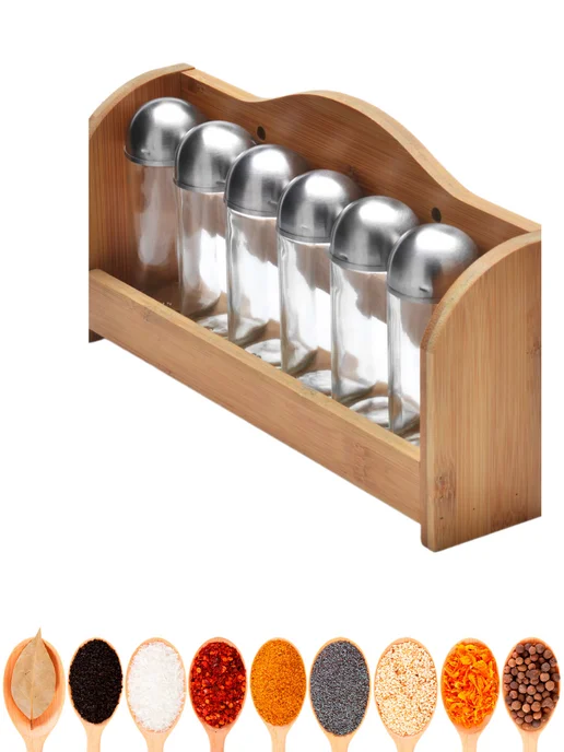 Набор для специй на деревянной подставке стекло 6 банок - фото 11
