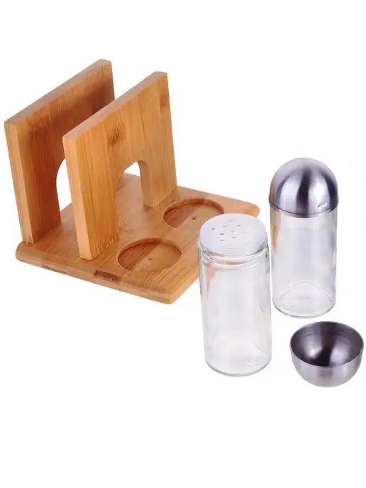 Набор для специй на деревянной подставке стекло 2 банки - фото 2