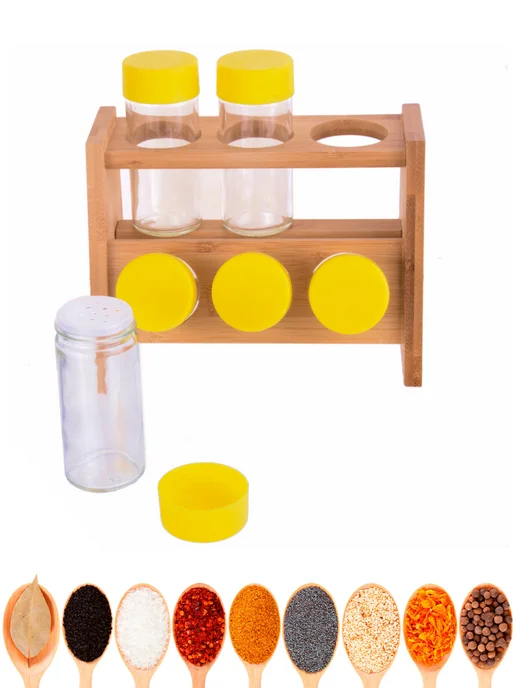 Набор для специй на деревянной подставке стекло 6 банок - фото 9