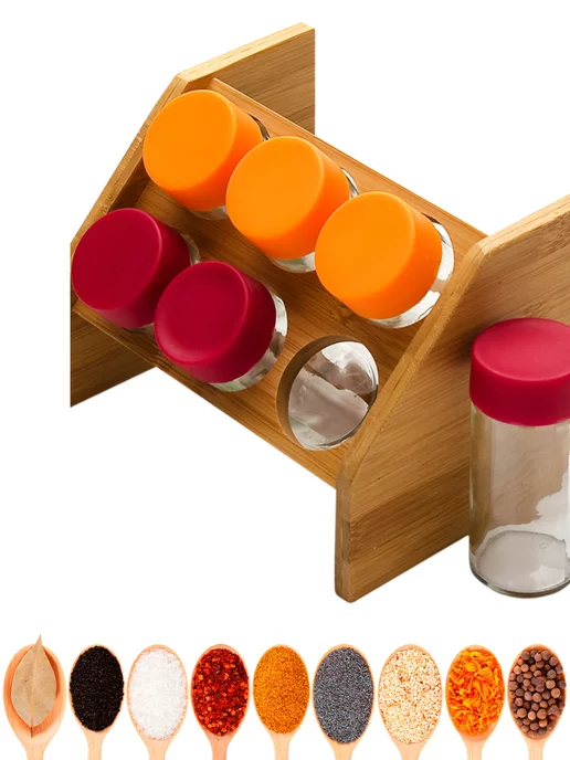 Набор для специй на деревянной подставке стекло 6 банок - фото 10