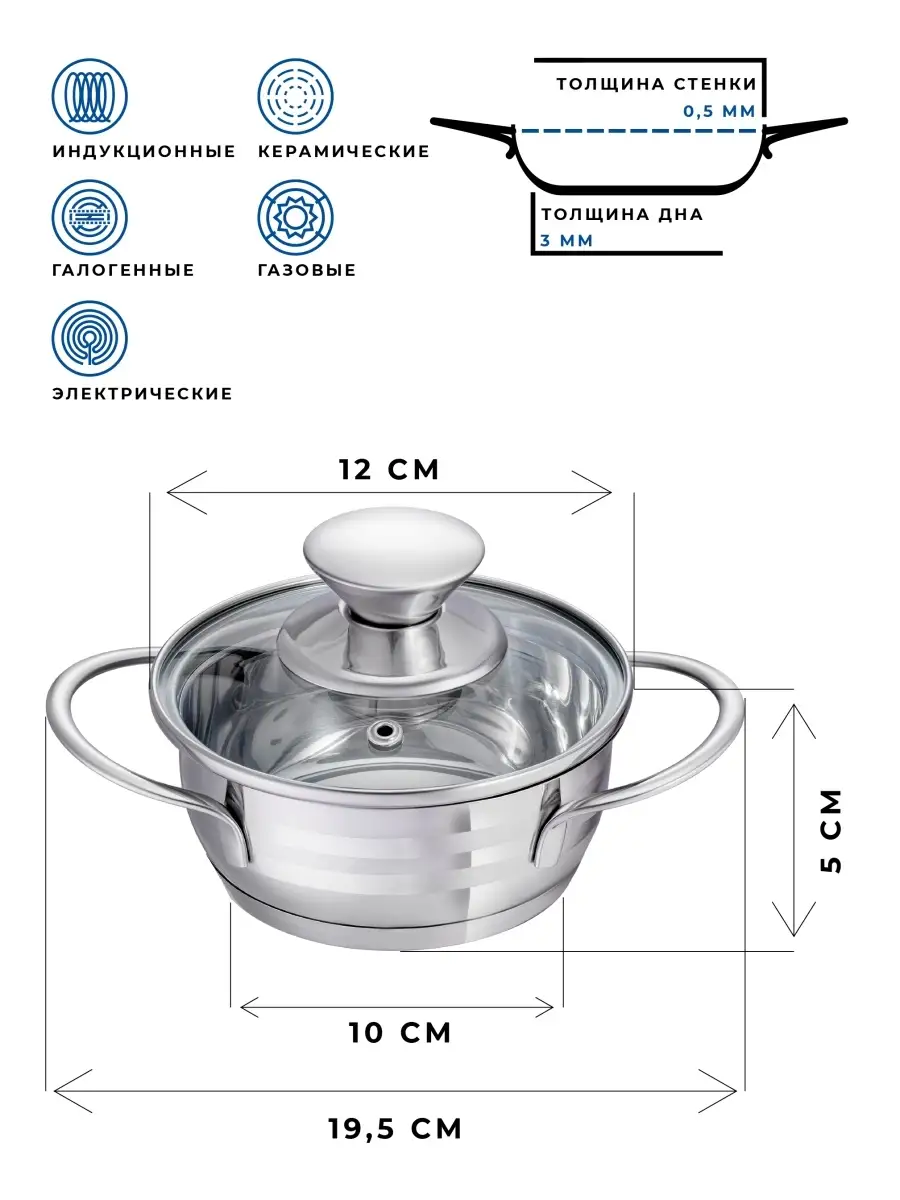 Маленькая кастрюля 0,6 л из нержавеющей стали со стеклянной крышкой Regent  inox 2129368 купить в интернет-магазине Wildberries