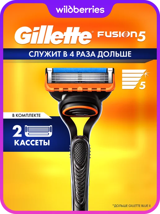 GILLETTE Бритва мужская Fusion 5, станок для бритья с 2 кассетами, оранжевый
