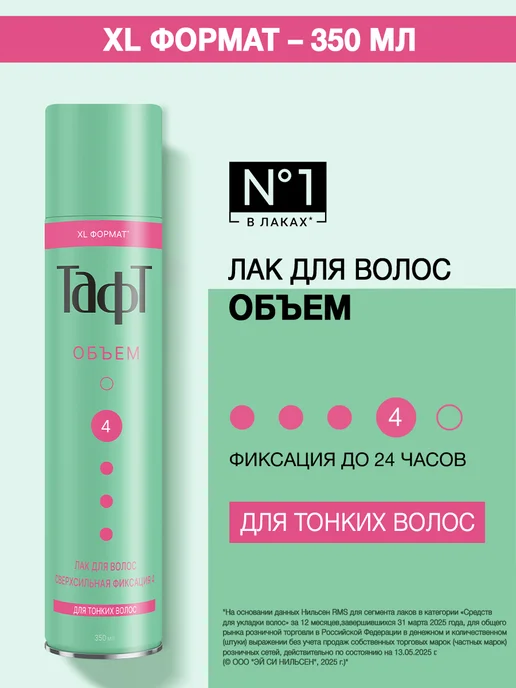 тафт Лак для укладки волос Объем, сверхсильная фиксация, 225 мл, 350 мл