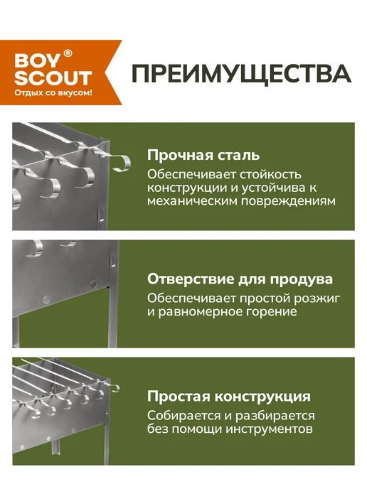 Boyscout Мангал для шашлыка складной, 6 шампуров, серый, фото 3