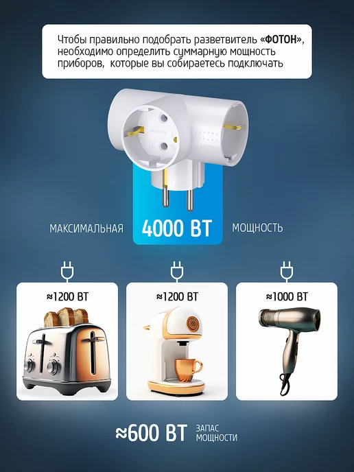 ФОТОН Тройник разветвитель для розетки с заземлением АМ 16-3ТЕ, белый, фото 5
