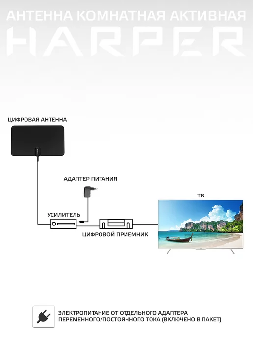 Harper Антенна для телевизора комнатная с усилителем ADVB-2825, для телевизора, фото 5