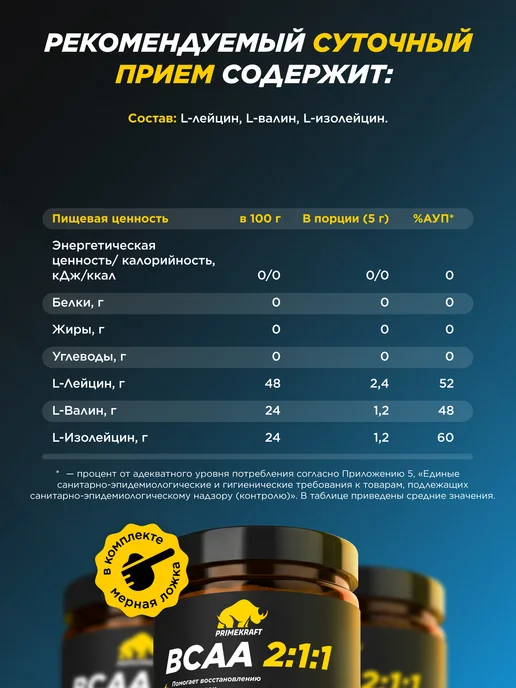 Prime Kraft Аминокислота BCAA 2 1 1 Без вкуса, 150 г спортивное питание, 150 г, фото 3