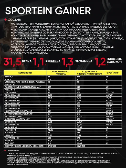 АКАДЕМИЯ-Т Гейнер для быстрого набора массы SPORTEIN GAINER 2500 г, 2,5 кг, фото 3