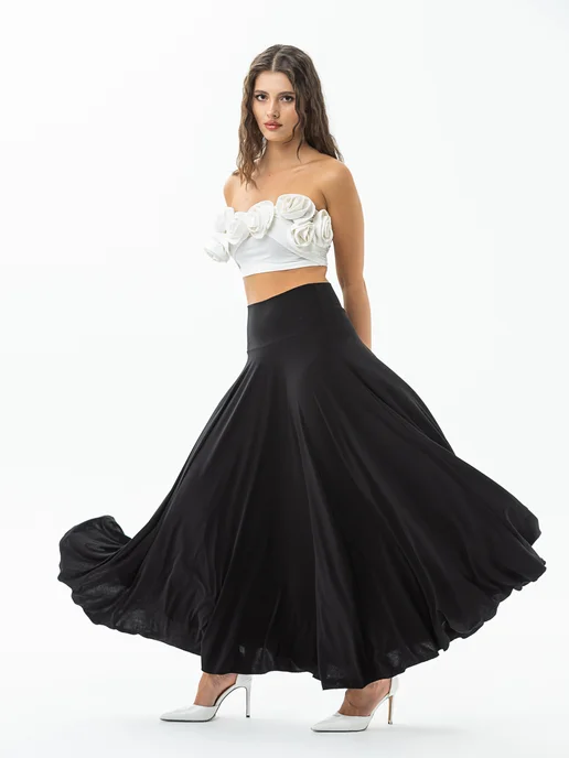 Elena Collection Юбка женская длинная солнце клеш макси черная, черный, фото 2
