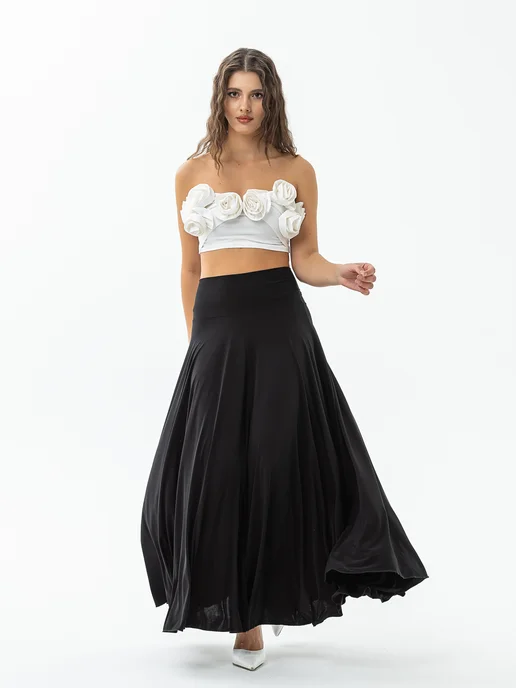 Elena Collection Юбка женская длинная солнце клеш макси черная, черный, фото 8