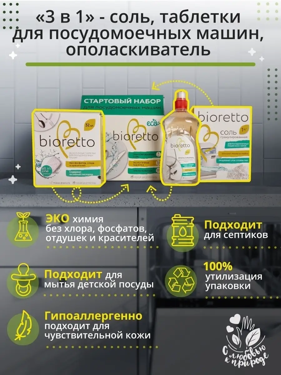 Стартовый набор для посудомоечных машин bioretto: таблетки, ополаскиватель  и соль для ПММ bioretto 5165733 купить в интернет-магазине Wildberries