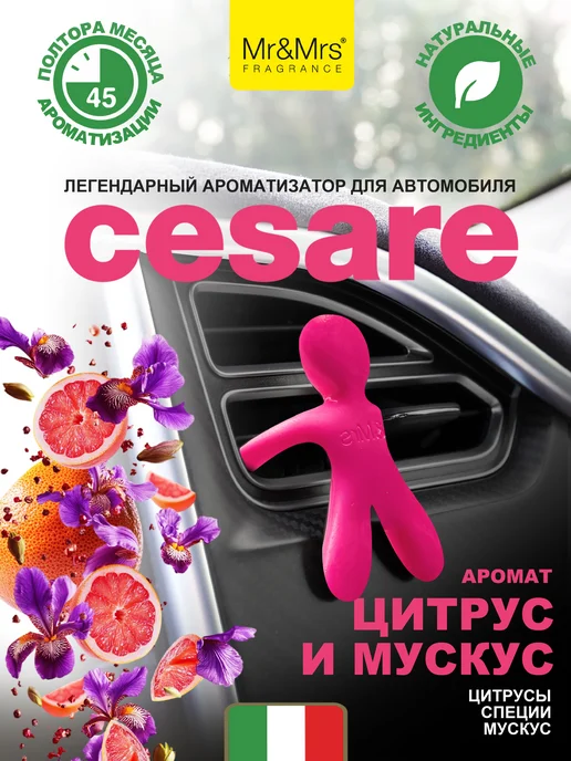 Mr&Mrs Fragrance Ароматизатор в машину Cesare Цитрус и Мускус Citrus&Musk, розовый