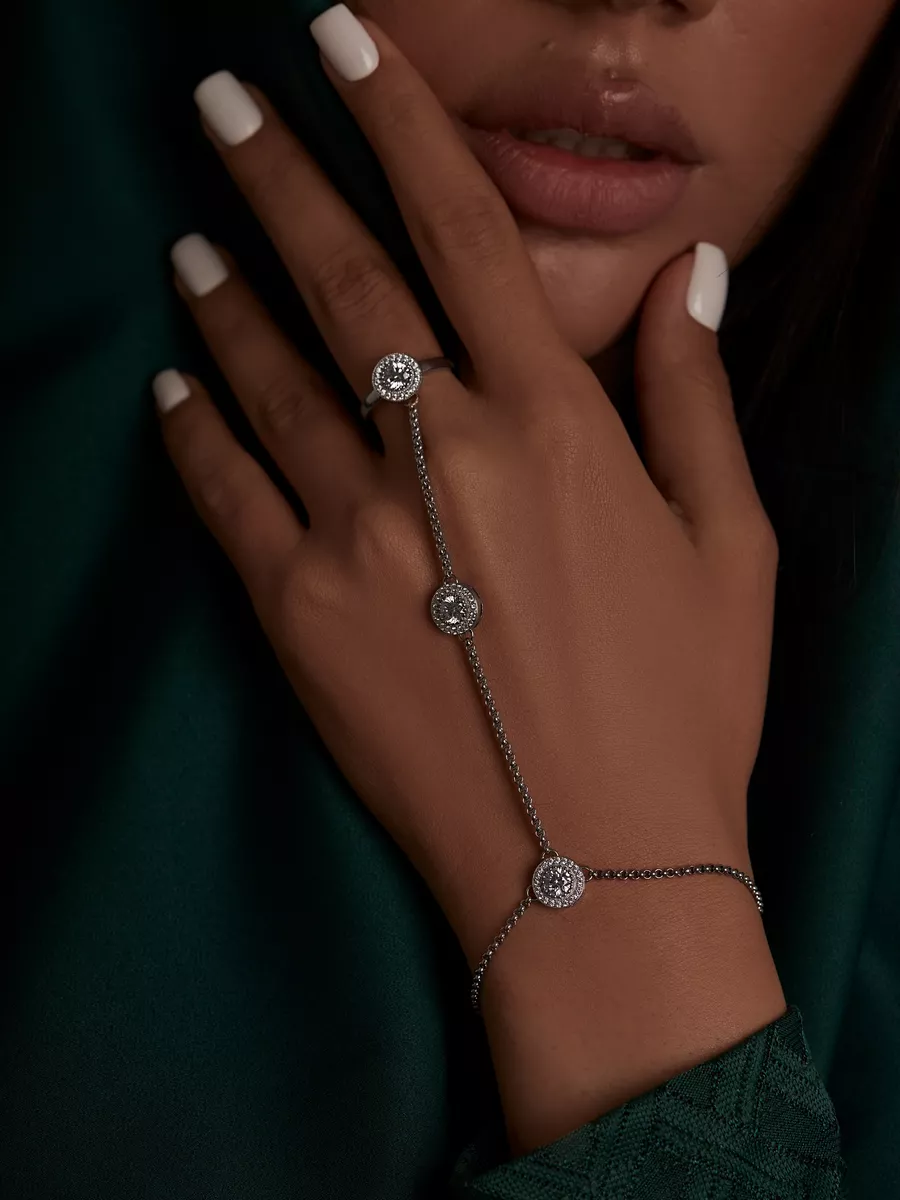 Агра Слейв браслет с кольцом на руку серебро 925 с камнем
