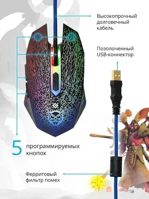 DEFENDER Мышка игровая проводная Shock 3200 dpi + коврик, вариант, фото 5
