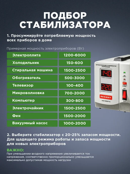 REXANT Стабилизатор однофазный переменного напряжения АСН -1000, вариант, фото 4