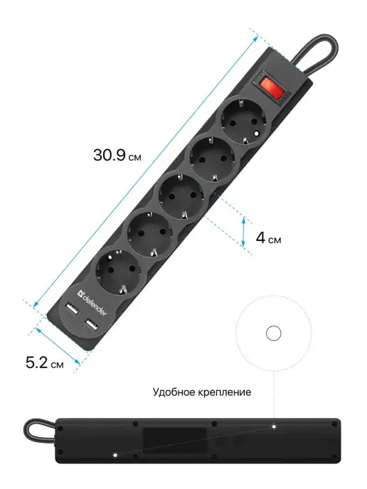 DEFENDER Сетевой фильтр 1.8 м 2хUSB 5 розеток с заземлением, 1,8 м, фото 6