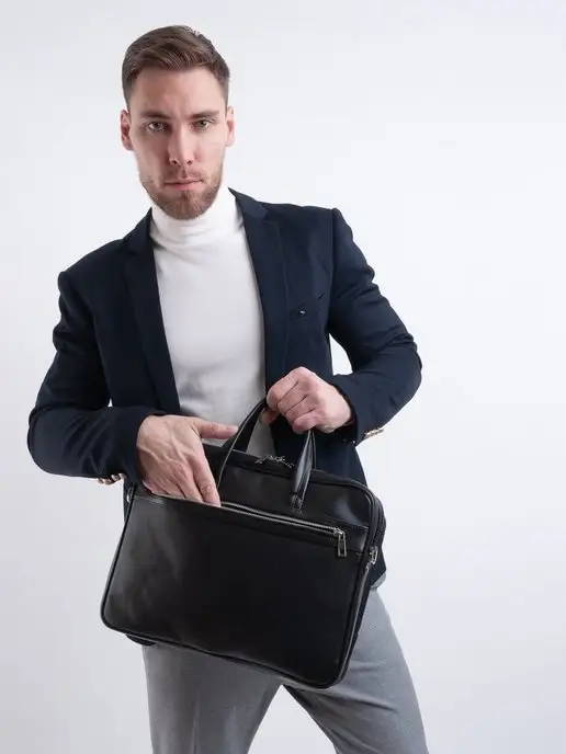 Franchesco Mariscotti Сумка портфель кожаная натуральная для документов и ноутбука, черный, фото 7