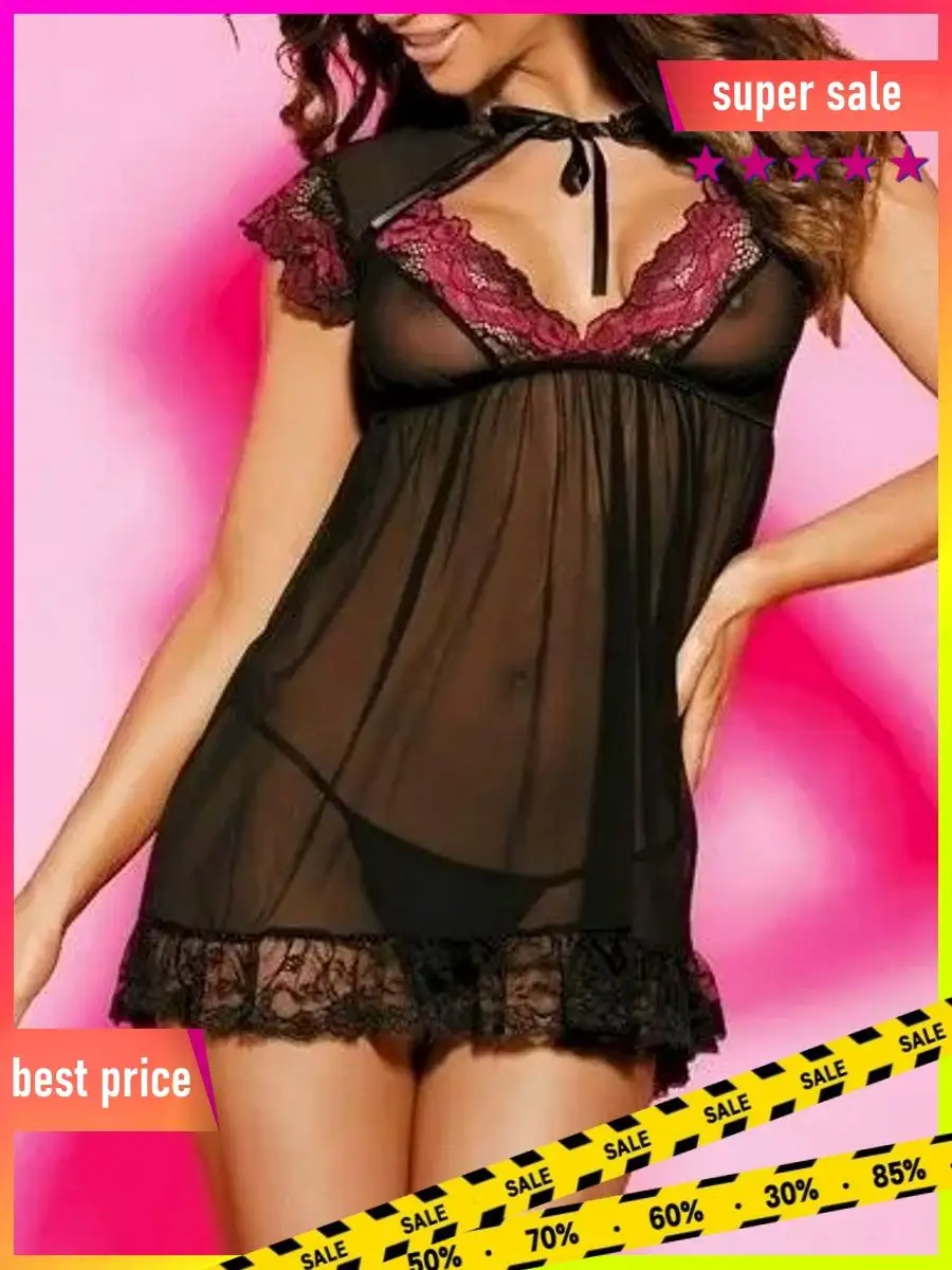 Сорочка прозрачная беби долл MELANIA CHEMISE black L/XL - Passion, трусики, на тонких бретелях